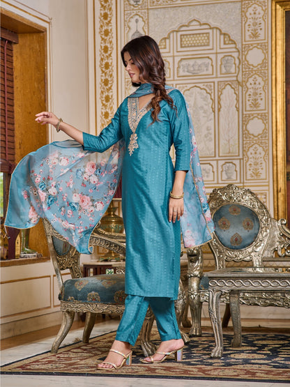 Majestic Teal Blossom Design Kurta Set with Embellished Detailing and Duppata