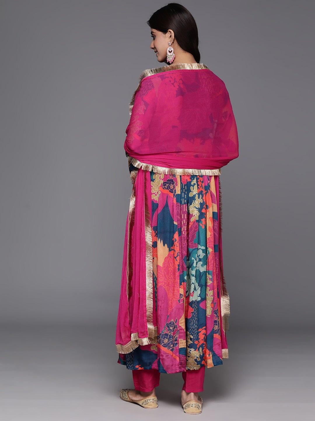 Floral Fantasy Multi-Colored Anarkali Suit with Vibrant Pink Dupatta and Elegant Embellishments