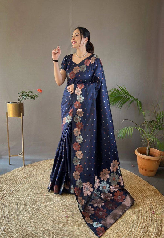 Graceful Navy Blue Satin Saree with Alluring Floral Border and Polka Dot Motifs