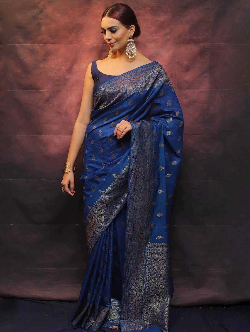 Precious Blue Soft Silk Saree With Flamboyant Blouse Piece