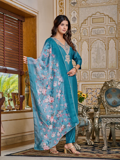 Majestic Teal Blossom Design Kurta Set with Embellished Detailing and Duppata