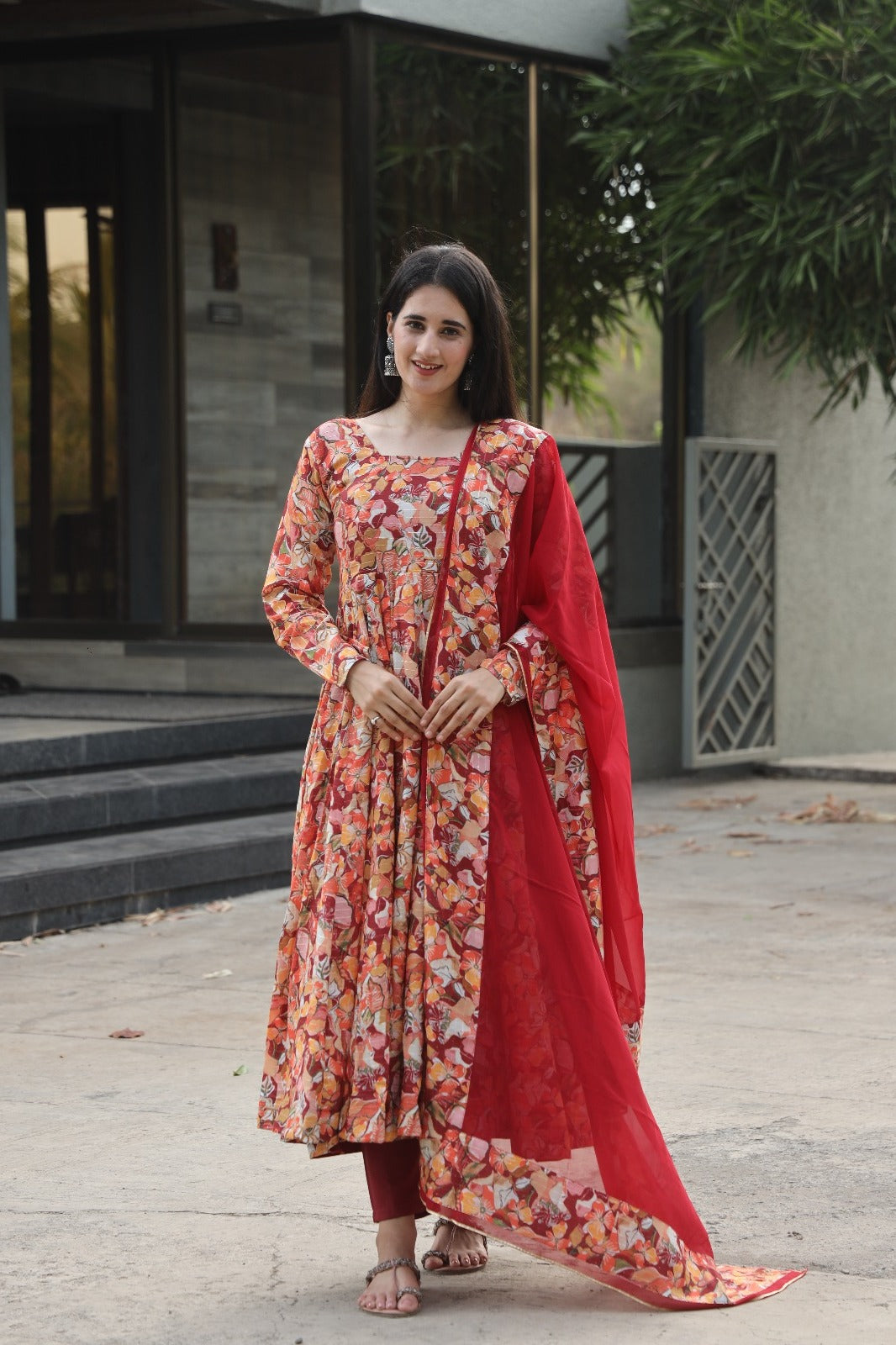 Vibrant Printed Anarkali Dress with Red Churidar and Dupatta