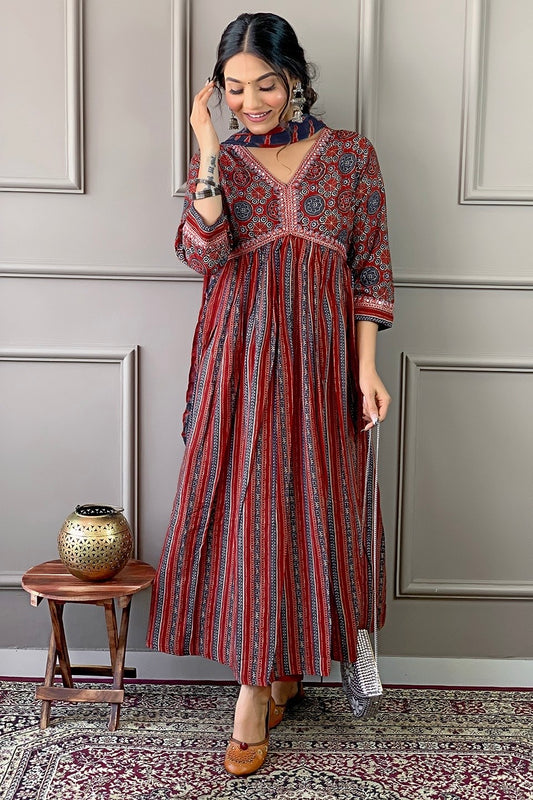 Anarkali Maxi Dress in Earthy Red and Black Block Prints with Pant and Dupatta