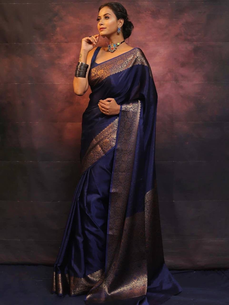 Gossamer Navy Blue Soft Silk Saree With Nemesis Blouse Piece