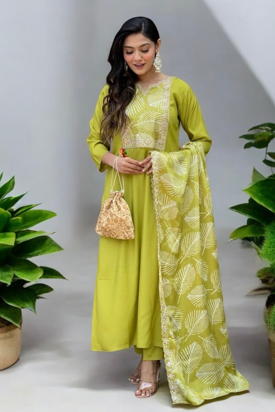 Refreshing lime green kurta set with leafy pattern dupatta and solid pant