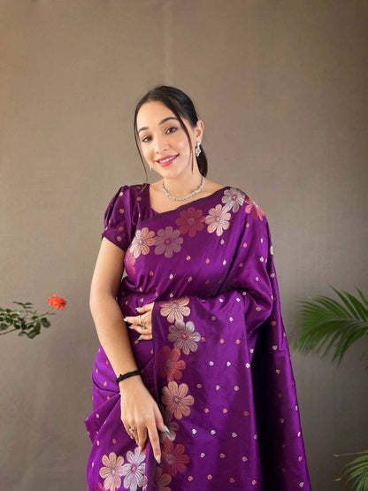 Pretty Purple Soft Lichi Silk Saree with Amazing Blouse Peice