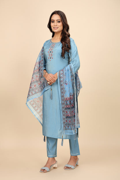 Premium Embroidered Blue Kurta Set with Pant and Matching Dupatta