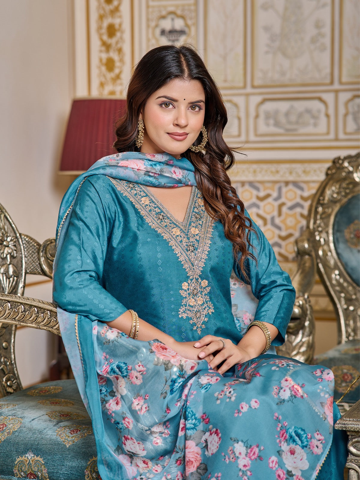 Majestic Teal Blossom Design Kurta Set with Embellished Detailing and Duppata