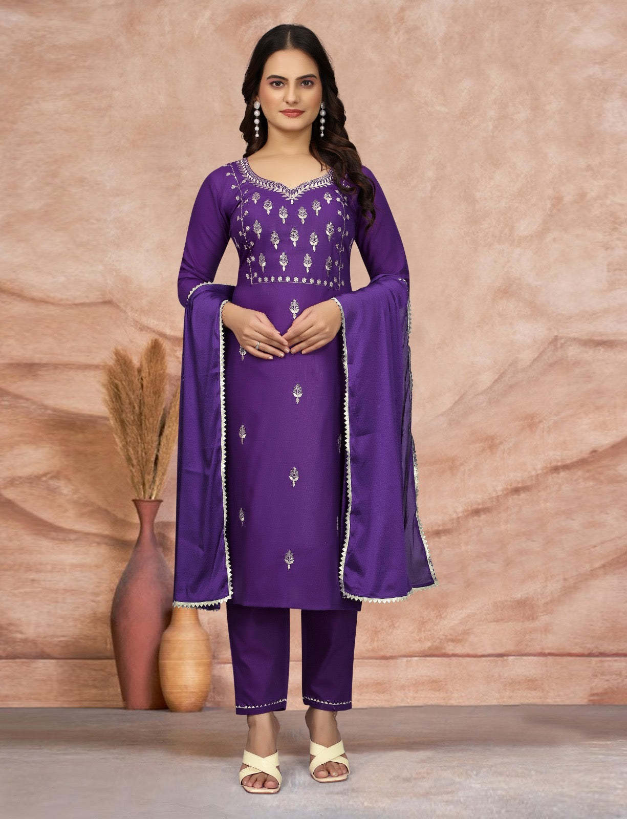 Luxurious Deep Purple Embroidered Cotton Blend Kurti with Pant & Duppata Set