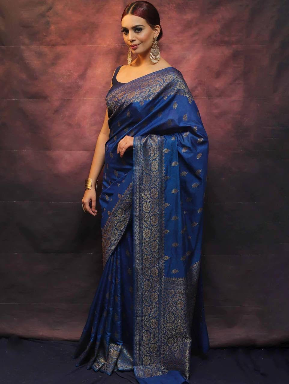 Precious Blue Soft Silk Saree With Flamboyant Blouse Piece