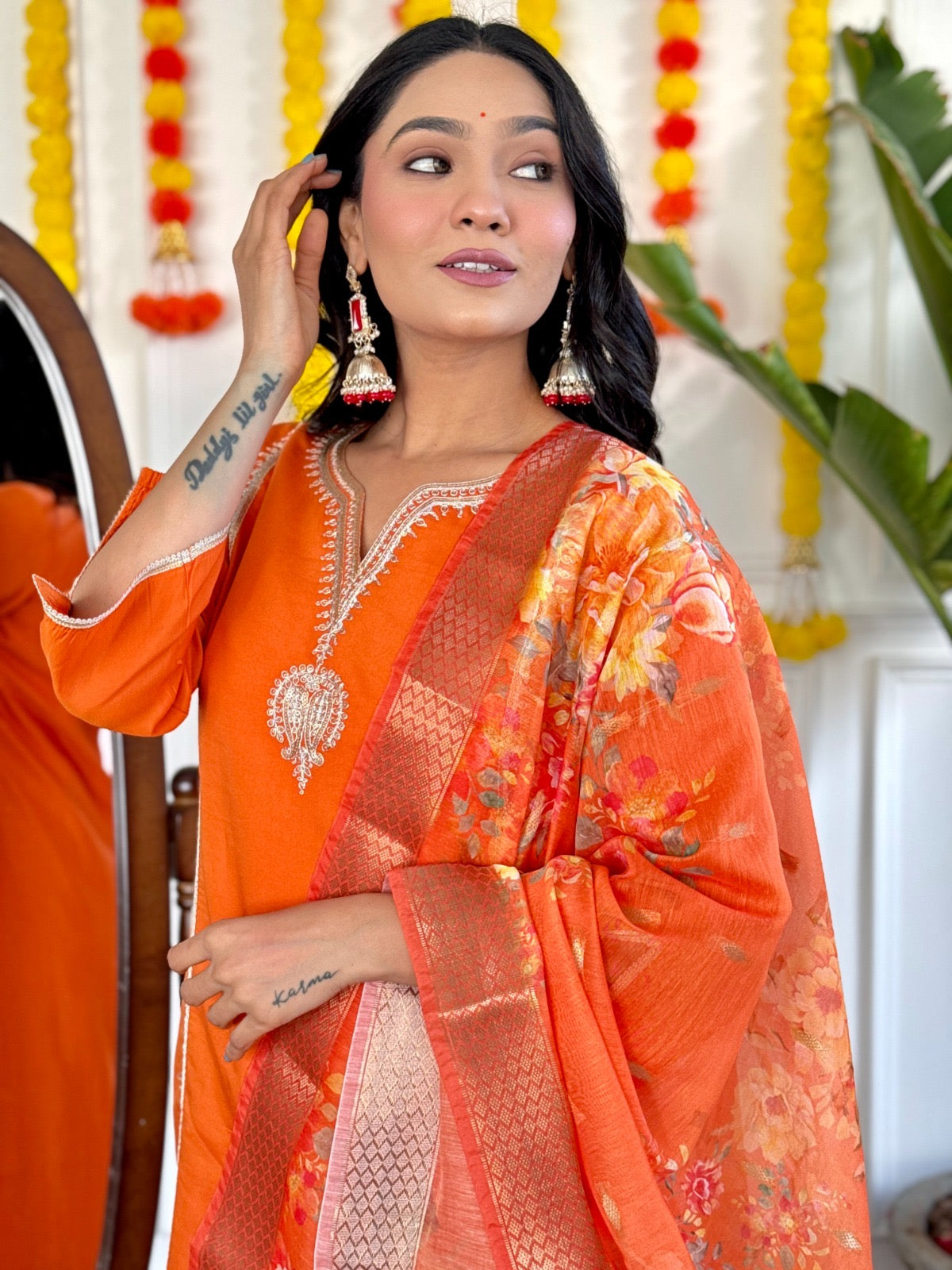 Radiant Orange Ethnic kurta set with floral dupatta and solid pant