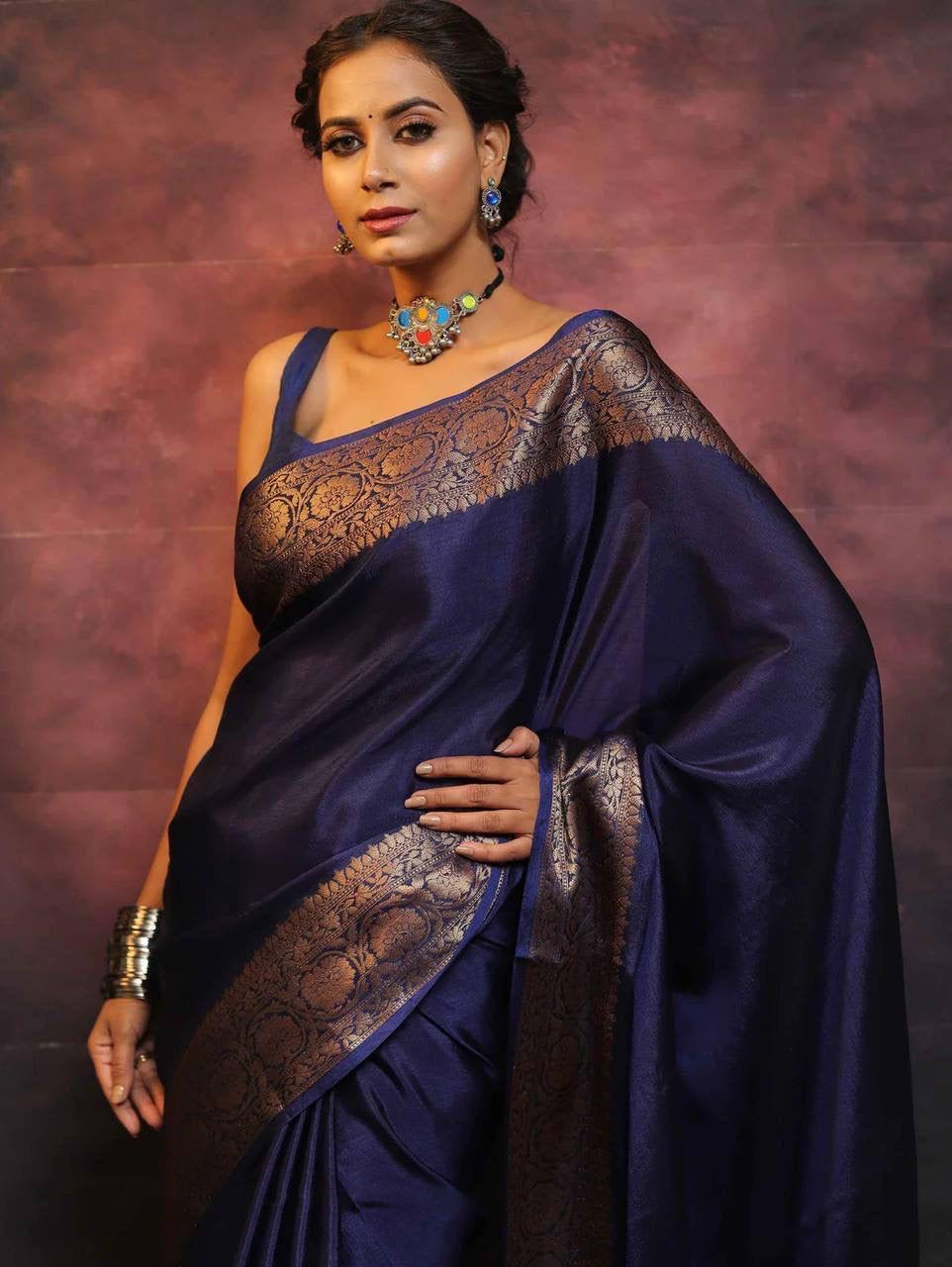 Gossamer Navy Blue Soft Silk Saree With Nemesis Blouse Piece