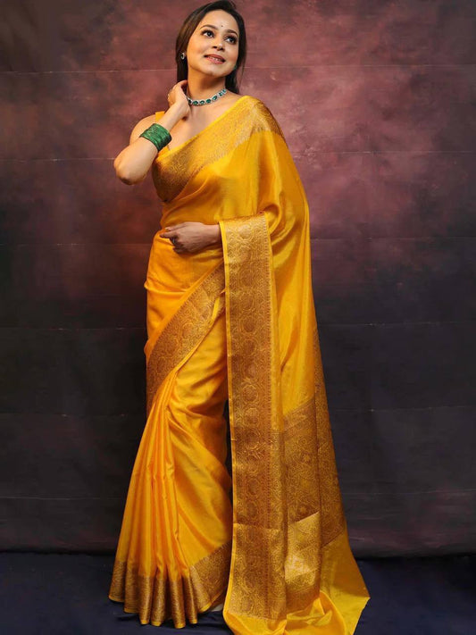 Ailurophile Yellow Soft Silk Saree With Demesne Blouse Piece