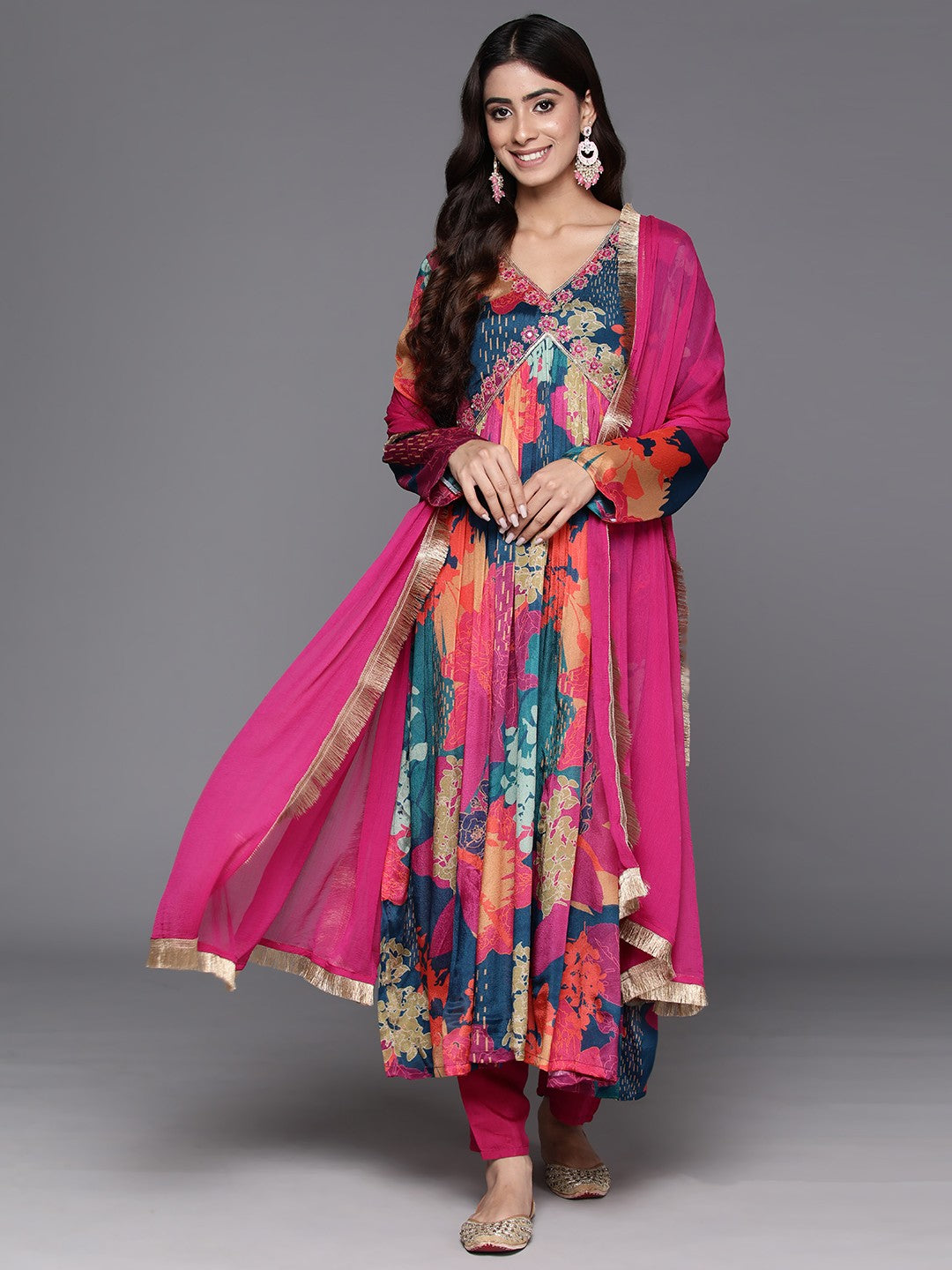 Floral Fantasy Multi-Colored Anarkali Suit with Vibrant Pink Dupatta and Elegant Embellishments