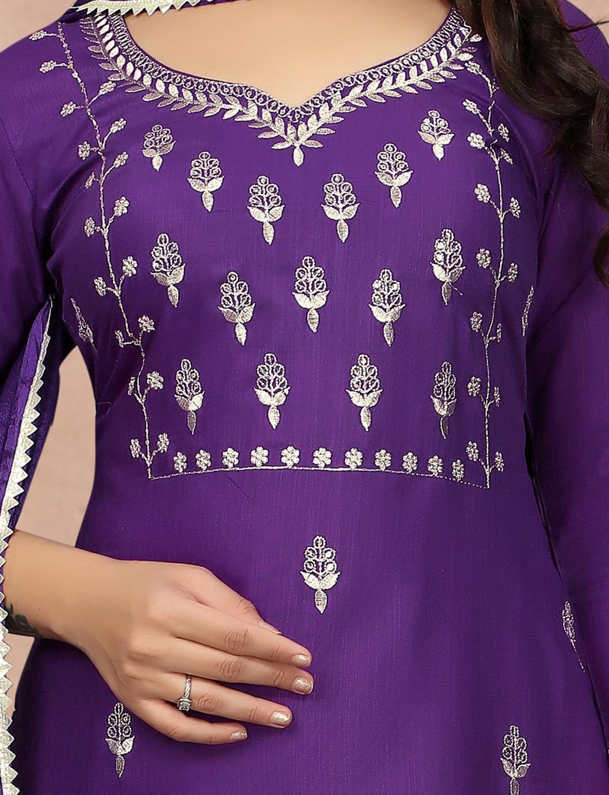 Luxurious Deep Purple Embroidered Cotton Blend Kurti with Pant & Duppata Set