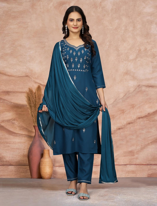 Teal Blue Embroidered Cotton Blend Kurti With Pant & Cotton