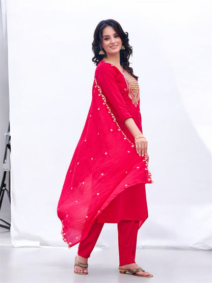 Elegant Red Straight-Cut Salwar Suit with Intricate Golden Embroidery and Matching Dupatta for Festive and Party Wear