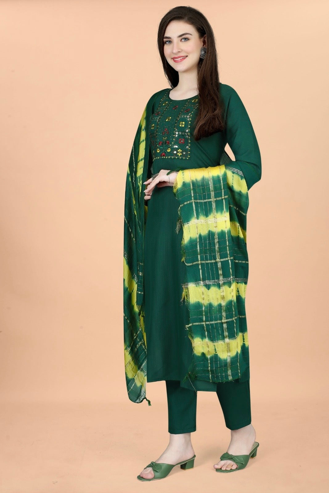 Festive Wear Bottle Green Suit with Striking Dupatta and Pant