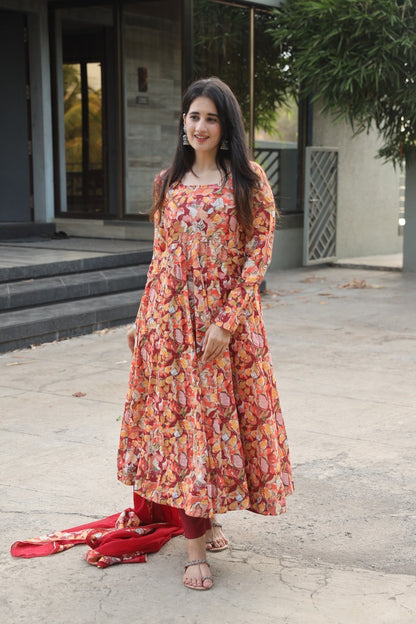 Vibrant Printed Anarkali Dress with Red Churidar and Dupatta