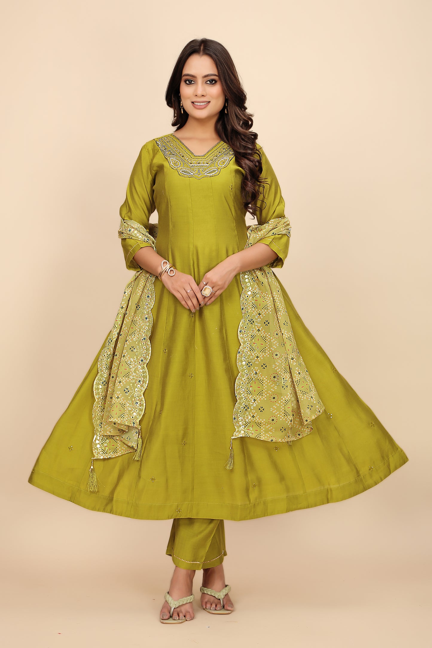 Moss Green Three-Piece Suit with Embroidered Details and Sheer Bandhani Dupatta