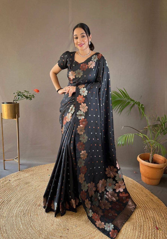 Black Satin Saree with Delicate Polka Details and Vibrant Floral Borders