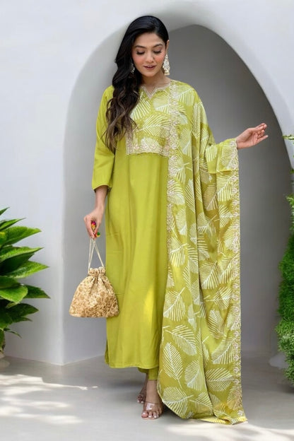 Refreshing lime green kurta set with leafy pattern dupatta and solid pant