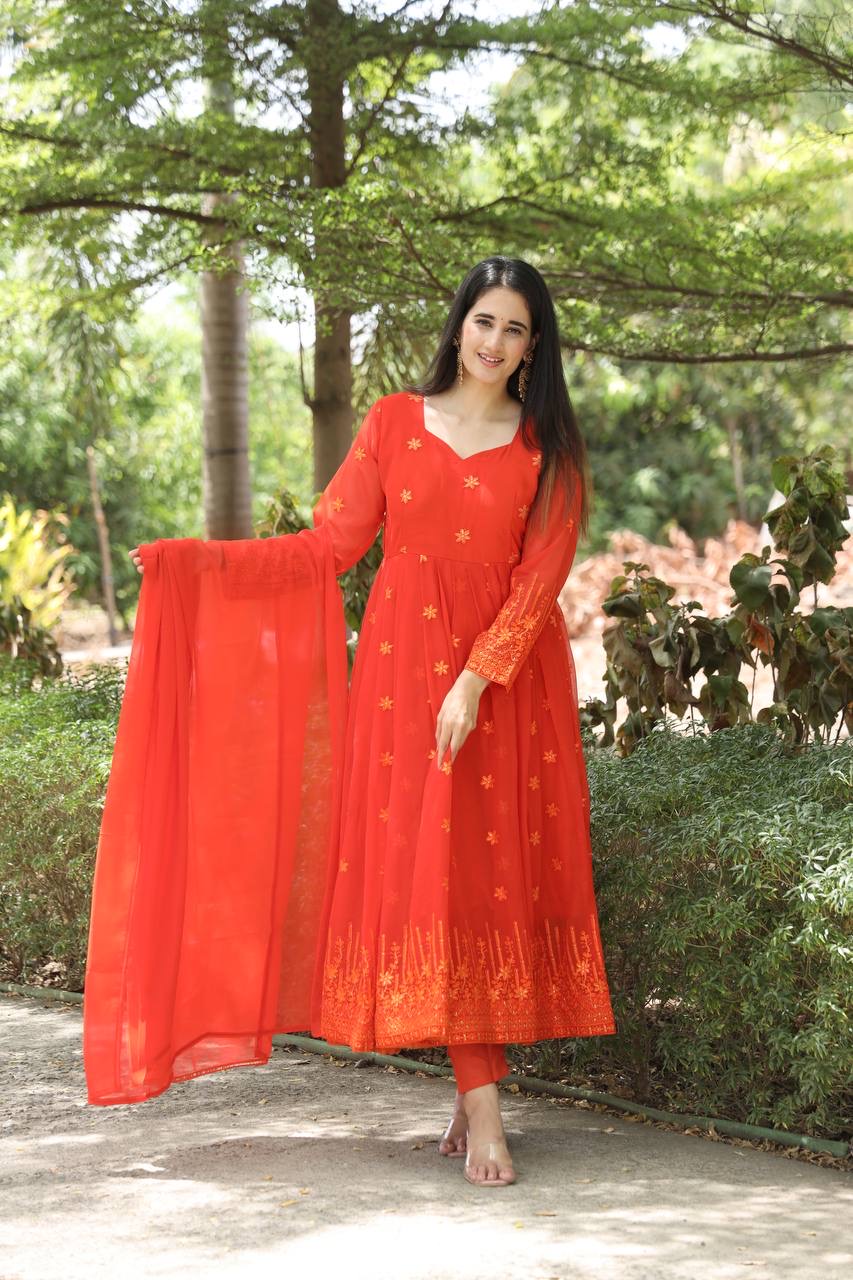 Vibrant Orange Anarkali with Delicate Floral Embroidery and Matching Dupatta