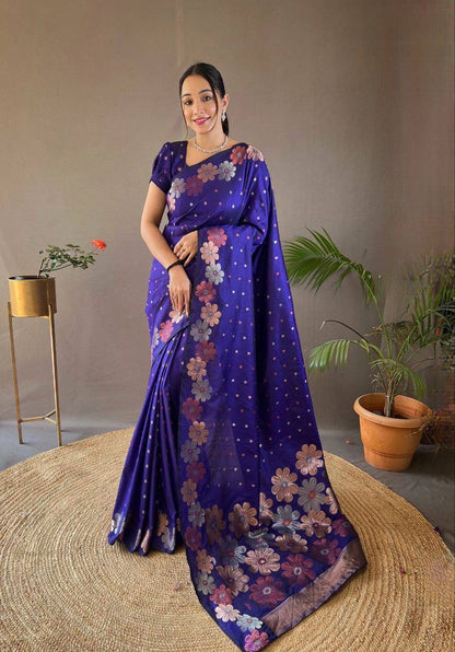 Royal Blue Bloom Satin Saree