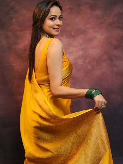 Ailurophile Yellow Soft Silk Saree With Demesne Blouse Piece