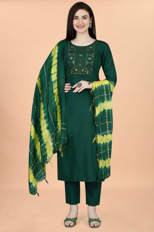 Festive Wear Bottle Green Suit with Striking Dupatta and Pant