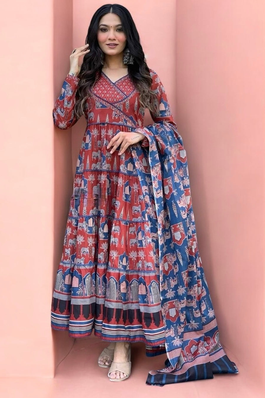 Rust and Blue Traditional Printed Maxi Gown with Matching Full-Sleeve Dupatta and pant