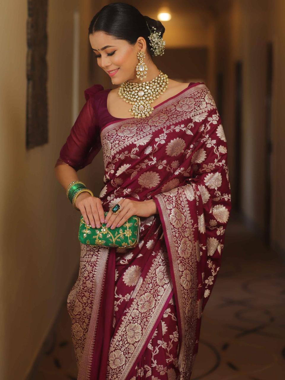 Enamoring Wine Soft Silk Saree with Eclat Blouse Peice