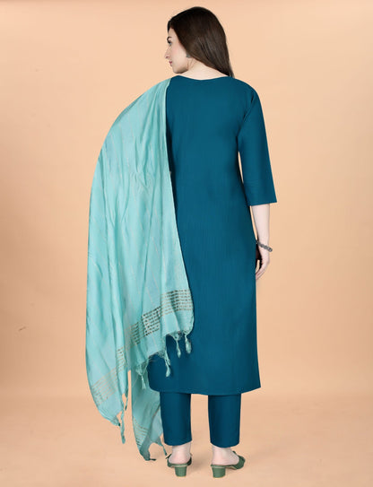 Traditional teal kurta with embroidery and matching pant and dupatta