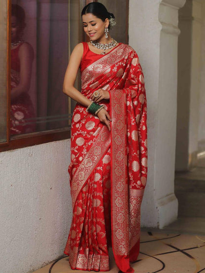 Sumptuous Red Soft Silk Saree with Symmetrical Blouse Piece