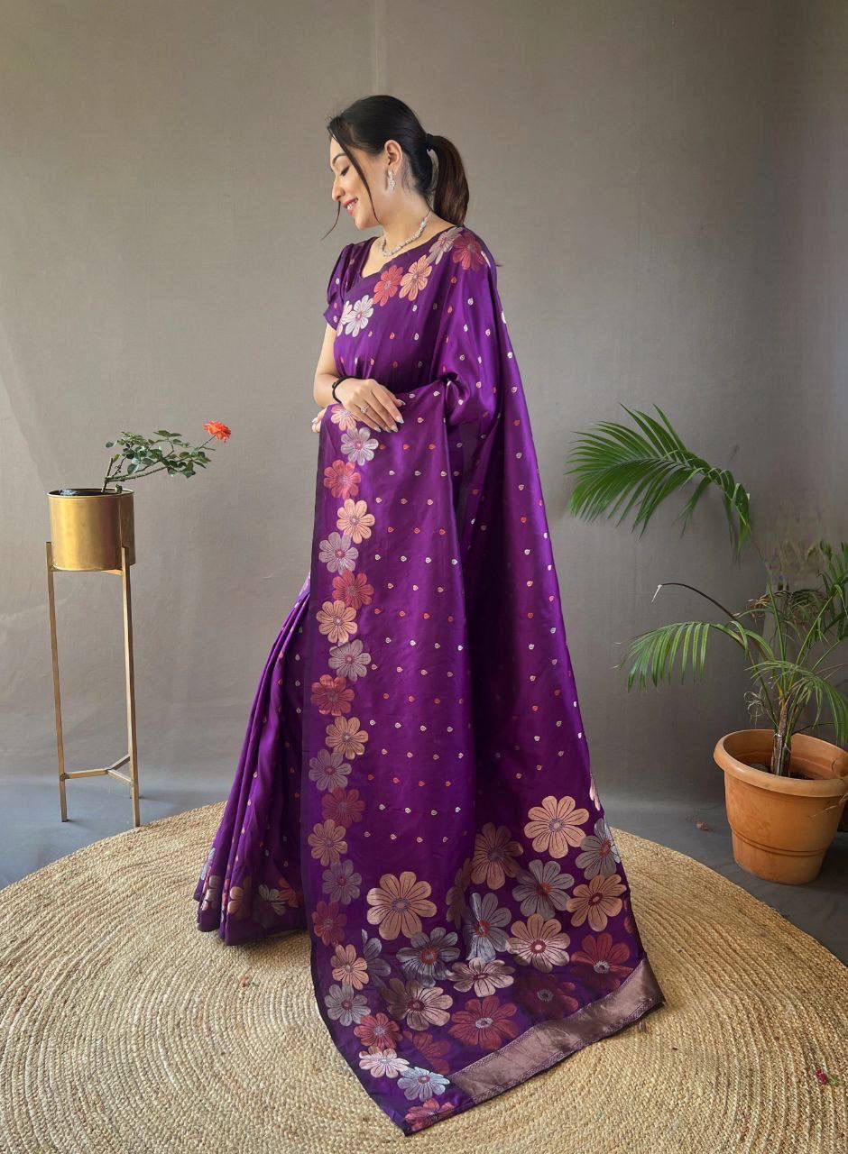 Pretty Purple Soft Lichi Silk Saree with Amazing Blouse Peice