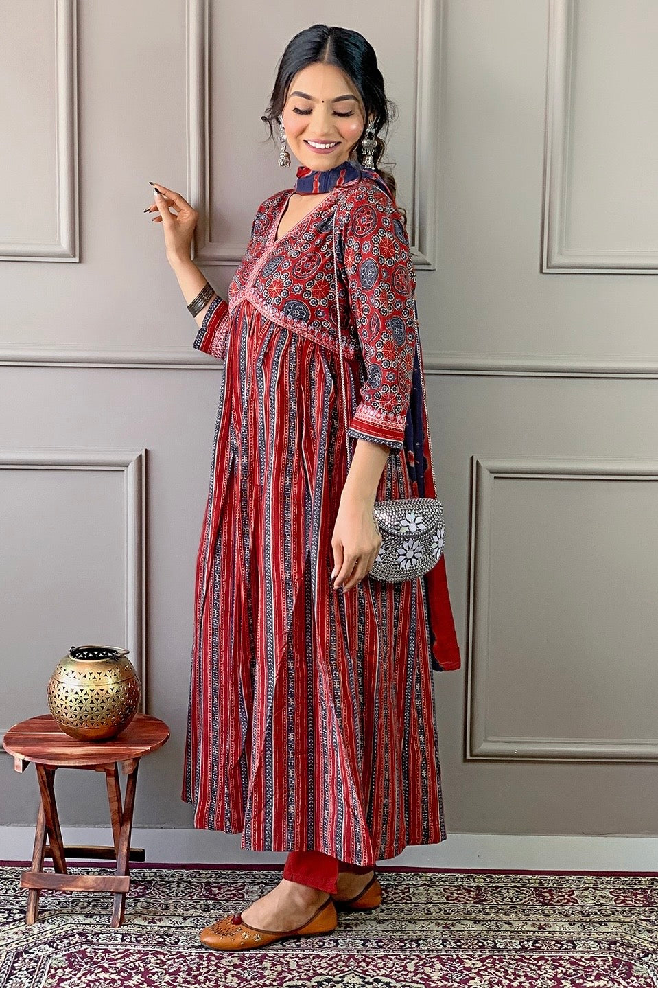 Anarkali Maxi Dress in Earthy Red and Black Block Prints with Pant and Dupatta