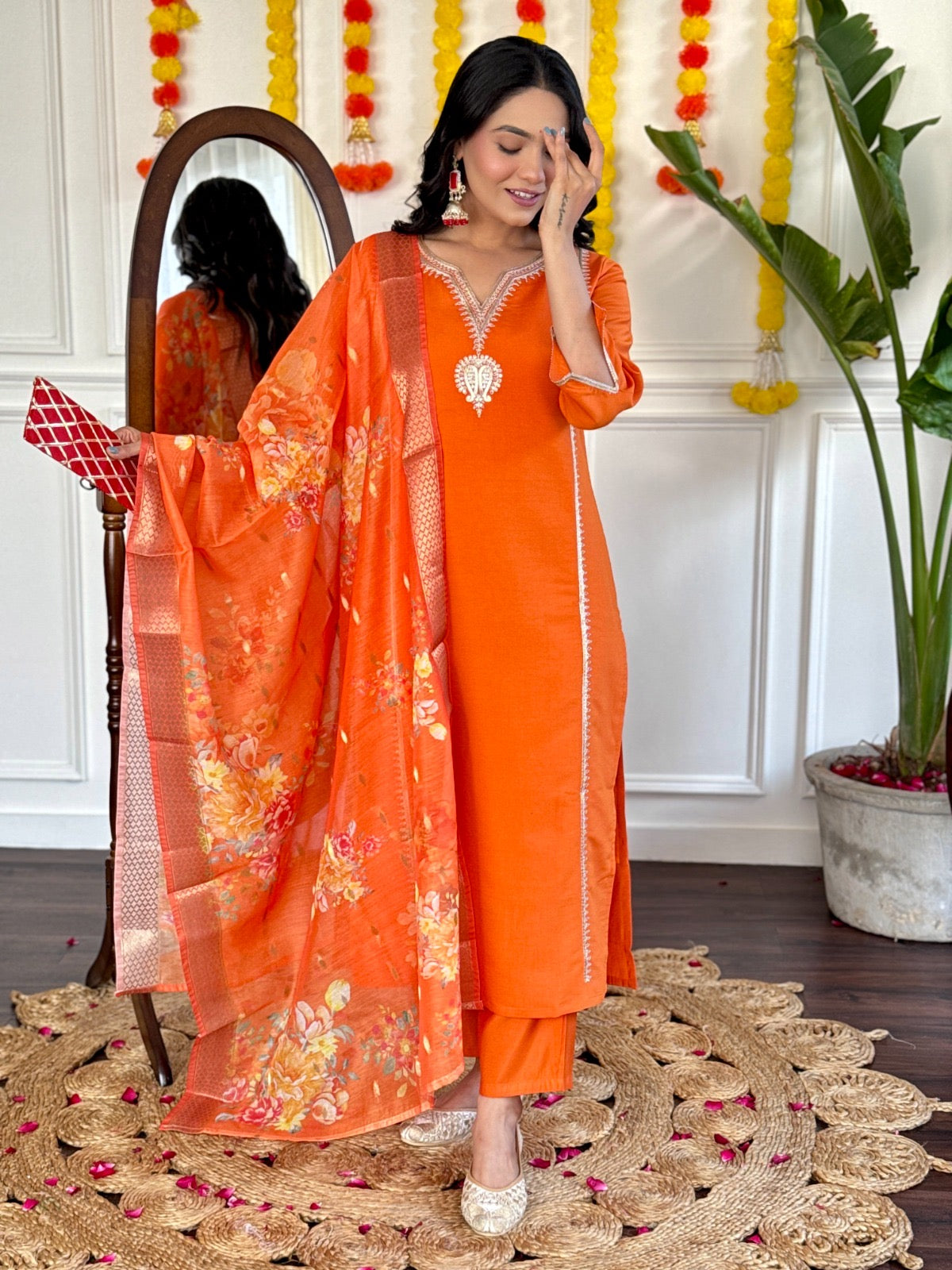 Radiant Orange Ethnic kurta set with floral dupatta and solid pant