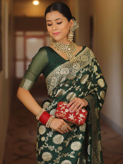 Adorable Dark Green Soft Silk Saree with Blissful Blouse Piece