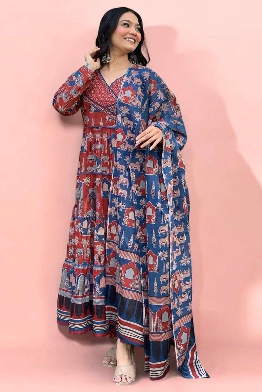 Rust and Blue Traditional Printed Maxi Gown with Matching Full-Sleeve Dupatta and pant