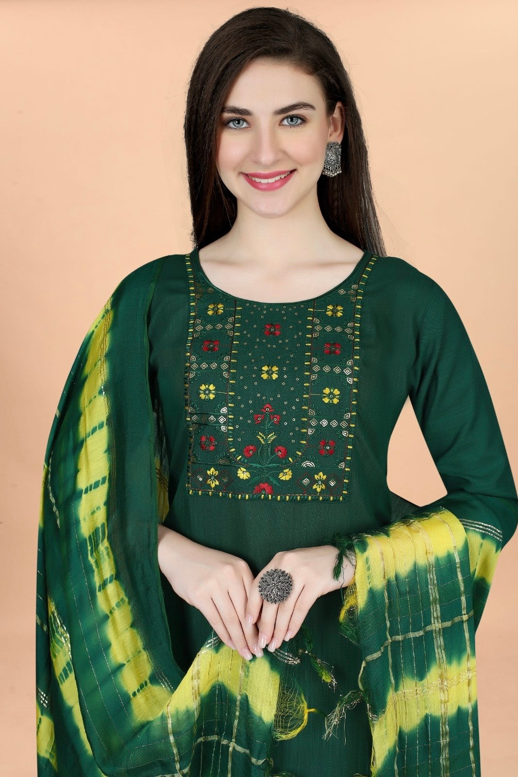 Festive Wear Bottle Green Suit with Striking Dupatta and Pant