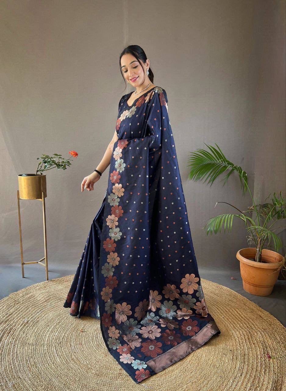 Graceful Navy Blue Satin Saree with Alluring Floral Border and Polka Dot Motifs