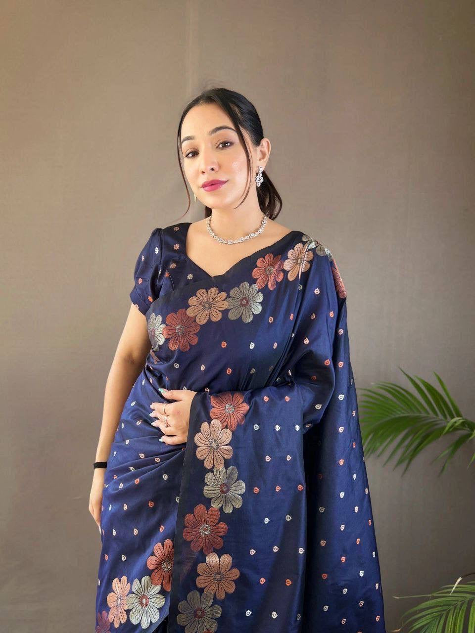 Graceful Navy Blue Satin Saree with Alluring Floral Border and Polka Dot Motifs