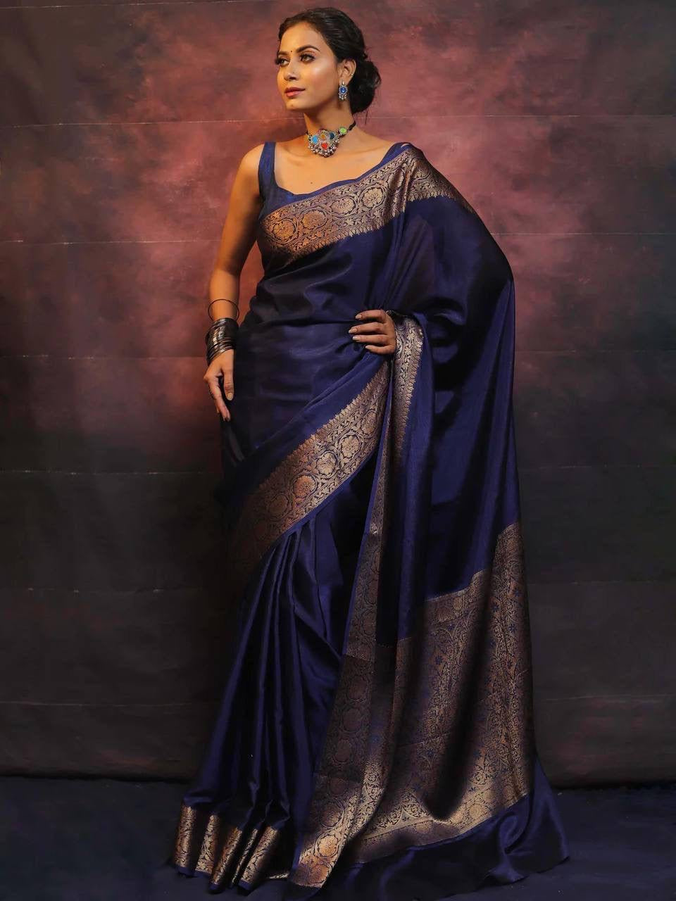 Gossamer Navy Blue Soft Silk Saree With Nemesis Blouse Piece