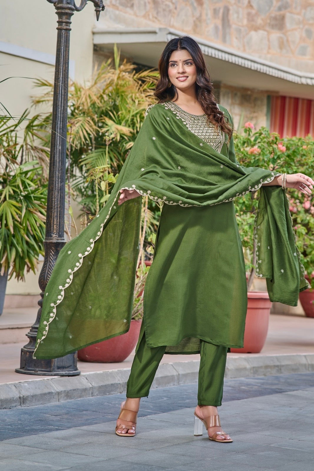 Olive Green Kurta-Pant Set with Handcrafted Embroidered Yoke and Embellished Dupatta