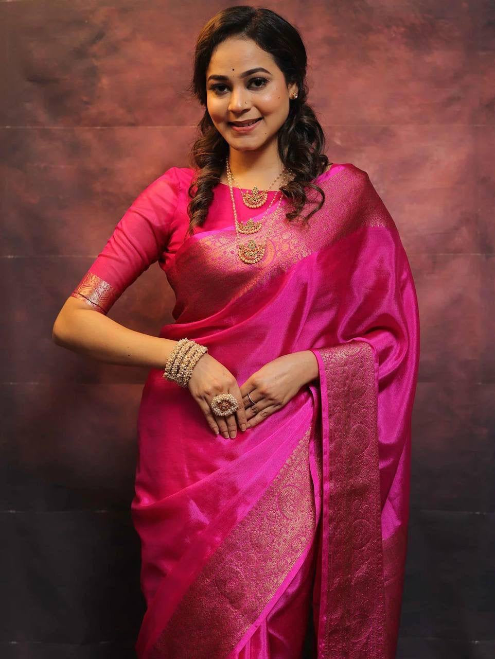 Mesmeric Dark Pink Soft Silk Saree With Fairytale Blouse Piece