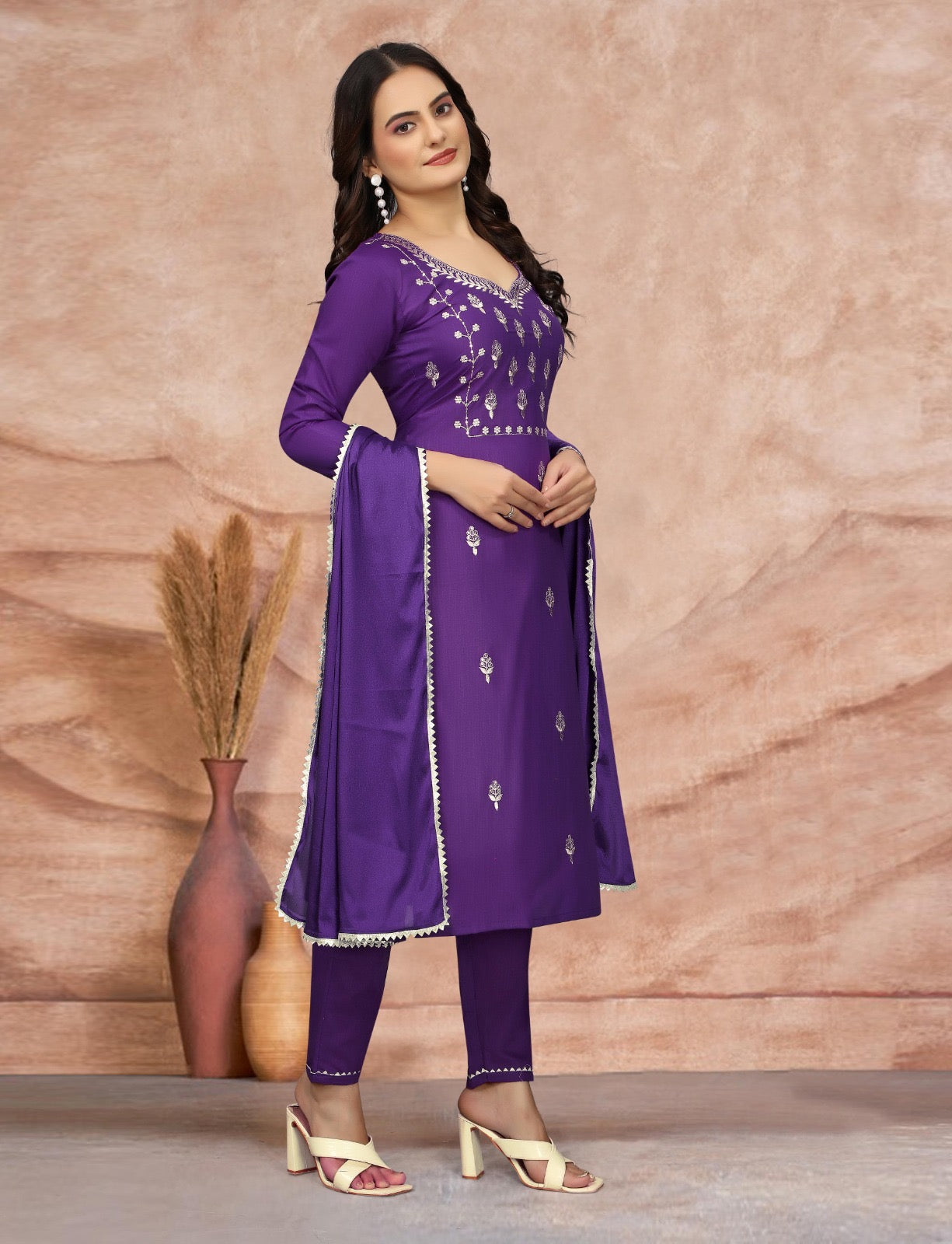 Luxurious Deep Purple Embroidered Cotton Blend Kurti with Pant & Duppata Set