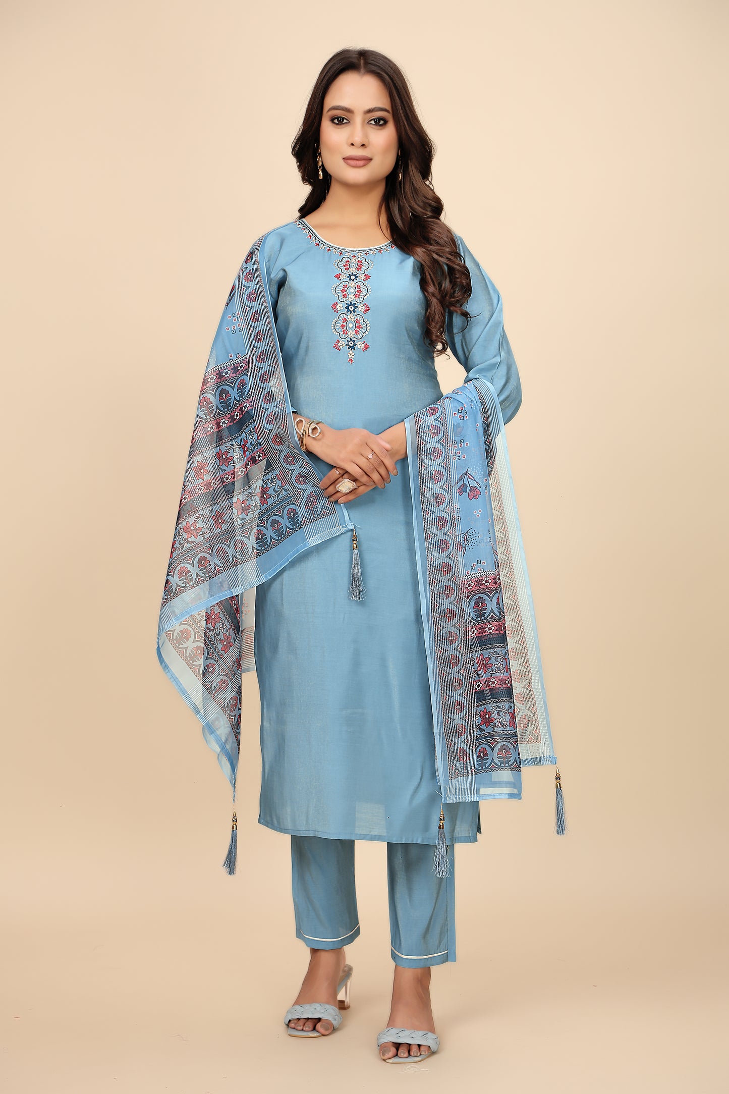 Premium Embroidered Blue Kurta Set with Pant and Matching Dupatta