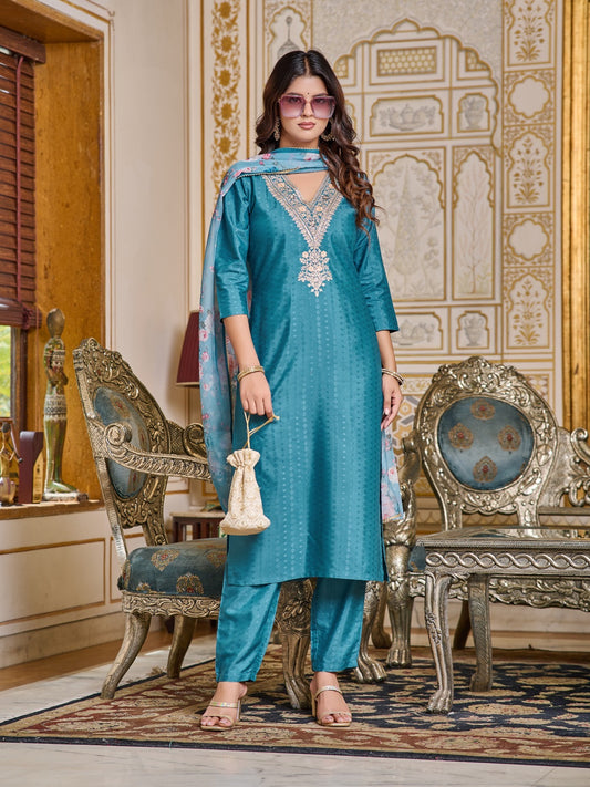 Majestic Teal Blossom Design Kurta Set with Embellished Detailing and Duppata