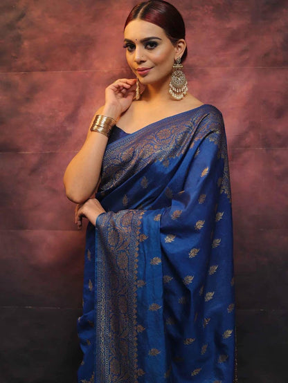 Precious Blue Soft Silk Saree With Flamboyant Blouse Piece