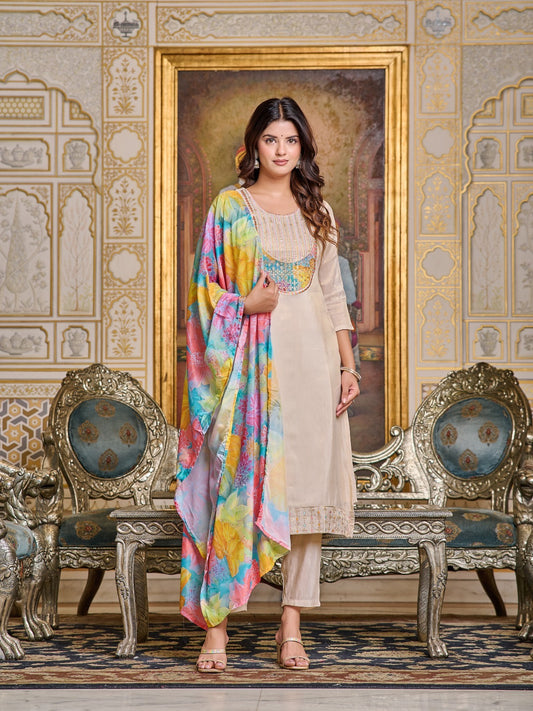 Elegant Beige Ethnic Suit with Vibrant Floral Dupatta and Pant